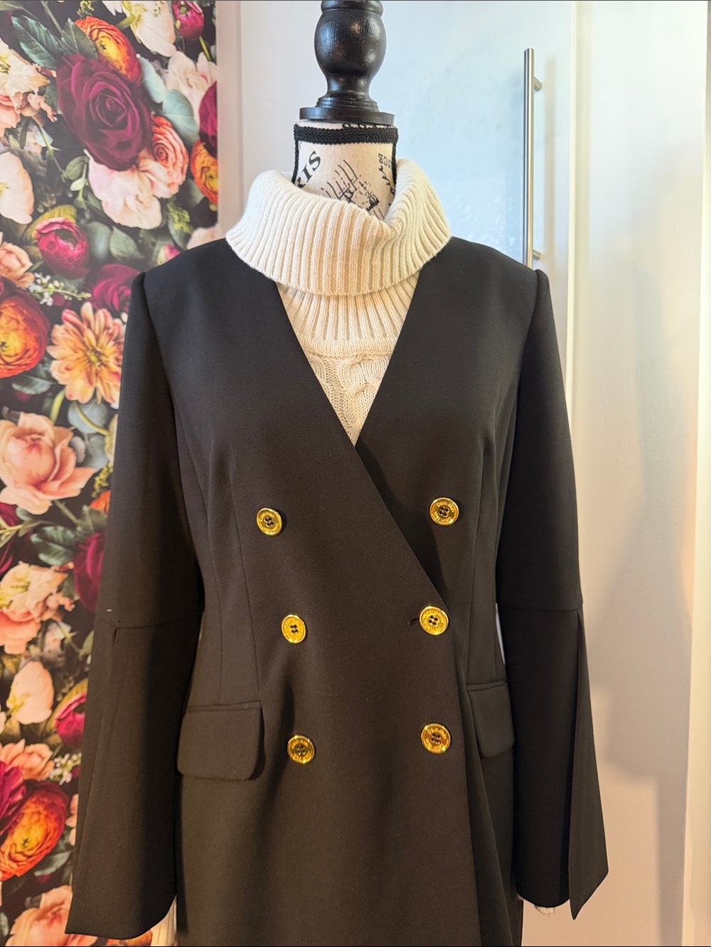 Calvin Klein Black Double-Breasted Long Sleeve Dress Coat with Gold Buttons